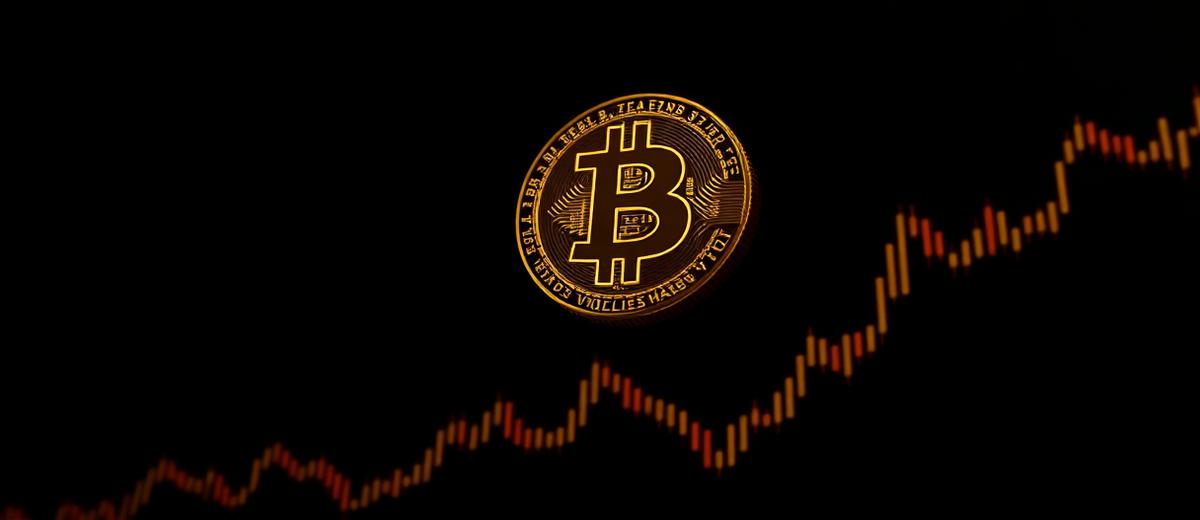Glowing bitcoin coin above a gold candlestick chart