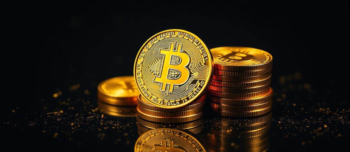 Stack of golden bitcoin coins on a dark surface