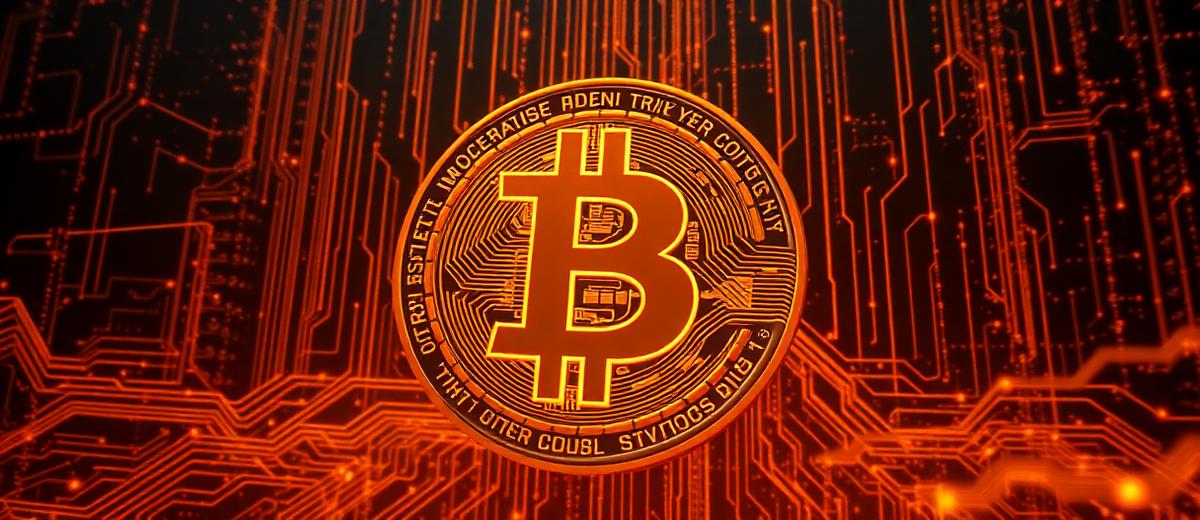 Bitcoin symbol on a glowing circuit background