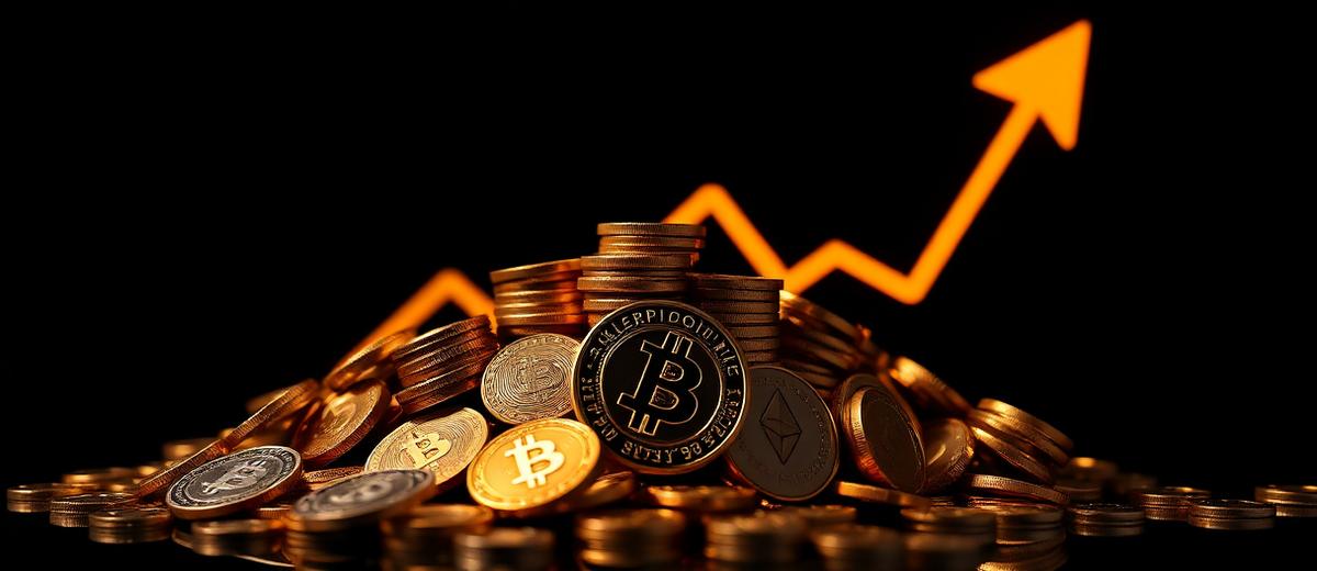 Pile of crypto coins with a rising golden arrow