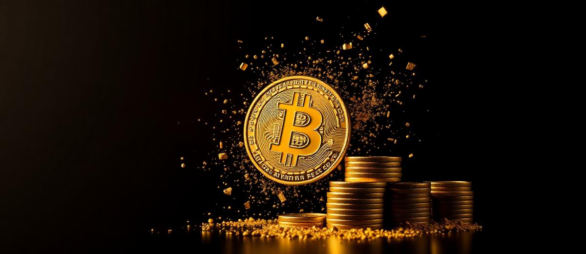 Golden bitcoin bursting into gold particles