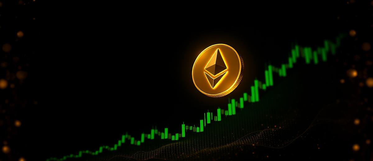 Golden ethereum coin above a green candlestick chart