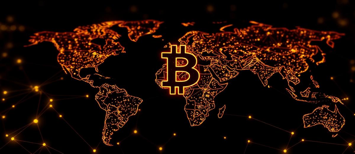 Glowing bitcoin symbol over a connected world map
